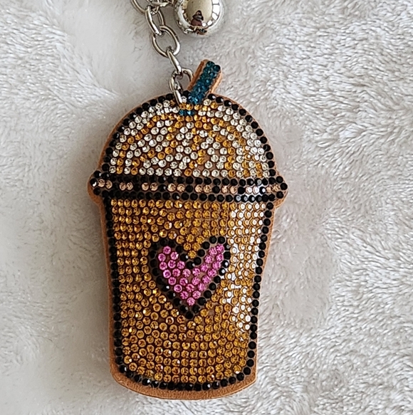 Sparkling Coffee Cup Keychain with Heart Bag Charm - Picture 2 of 3